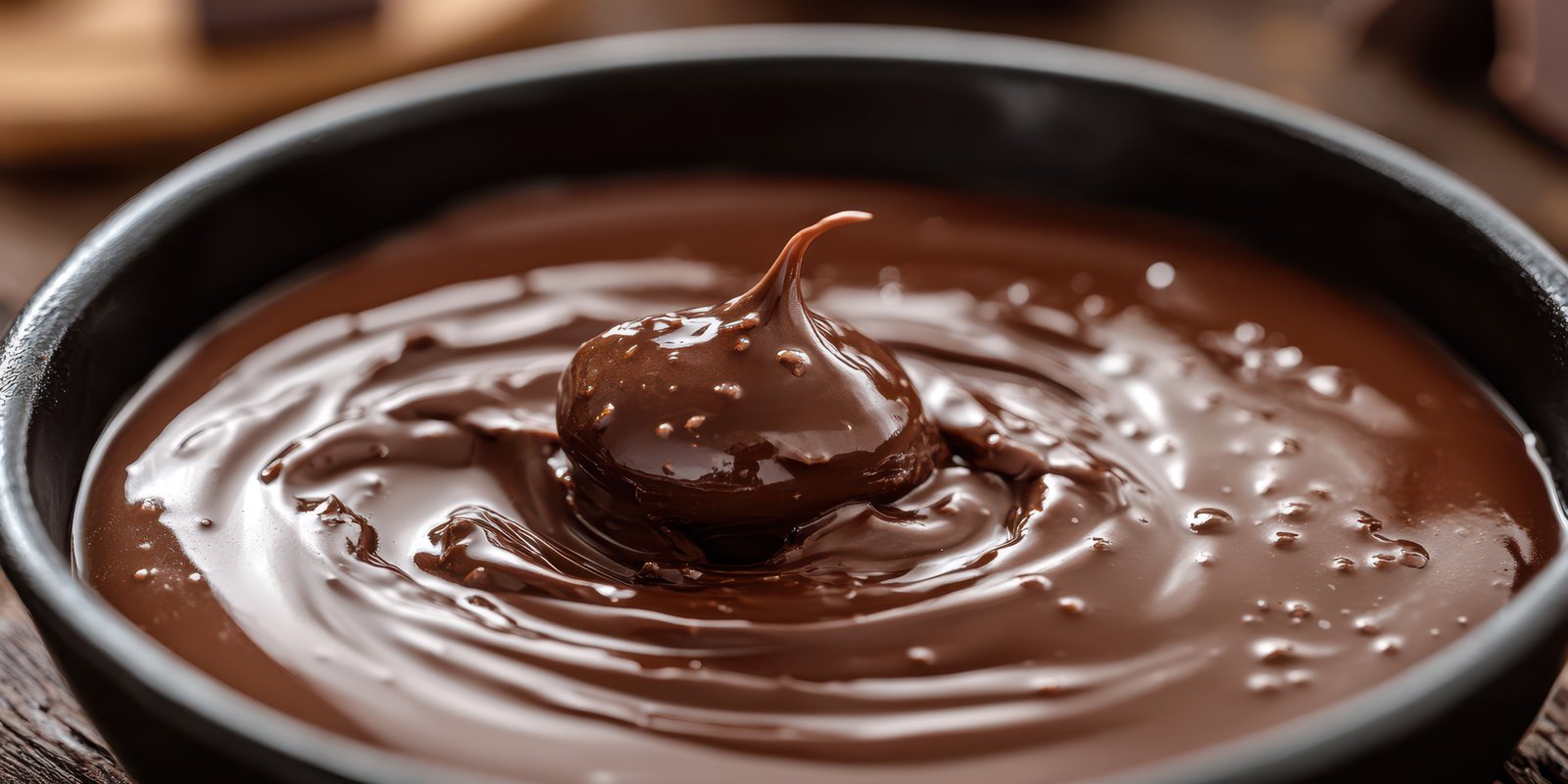 Rich chocolate sauce swirling in a bowl with a smooth texture and glossy finish, capturing the essence of dessert preparation